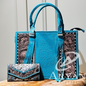 Sac fourre-tout large turquoise en cuir gaufré usiné à la main et portefeuille occidental en cuir de vachette pour femmes Meilleure vente - Product Image 1