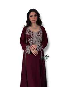 Abaya longue en satin de soie modeste de Dubaï, manches longues, longueur au sol, broderie, caftan islamique formel, couleur contrastée, col rond, pour femmes - Product Image 6