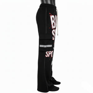 Premium Cotton Polyester Fleece <b>Black</b> Flare Pant Soft Brushed Fabric Cargo Panel Screen Print Custom Logo Flare Men's Pants - Product Image 3