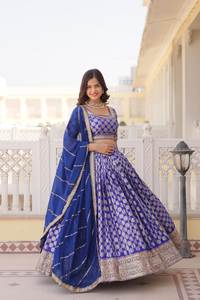 Blue Designer Dyeable Pure Viscose Jacquard Fabric Lentejuelas Bordado Work Lehenga Choli & Dupatta Set para bodas, fiestas - Product Image 4