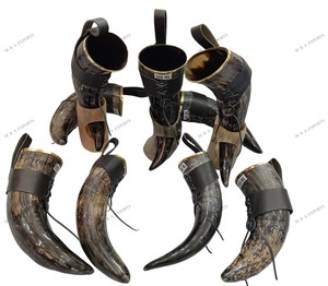 High Quality 500ml Buffalo Horn Viking <b>Mug</b> with Leather <b>Holder</b> and Stand Polished Natural Finish Best Bulk Prices - Product Image 3