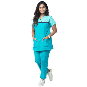 Conjunto de uniforme médico de enfermera verde azulado para mujer, traje de uniforme médico con cuello en V con bolsillos, ropa cómoda de clínica de Hospital de 2 piezas con logotipo personalizado - Product Image 1