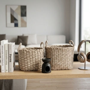 Natural Seagrass Storage <b>Basket</b> Set Chunky Braided Cord <b>Square</b> Bin Arch Handle Tabletop Planter Pure Art Room Setup Decor Crafts - Product Image 6