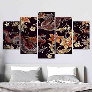 Impression sur toile Dragon et fleurs : Décoration murale élégante à motifs asiatiques, lot de 5 toiles assorties - Product Image 1