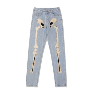 Personalizado al por mayor Unisex Denim Hip Hop Streetwear Straight Loose Pant Skull Logo parches bordados Denim Jeans Hombres - Product Image 4