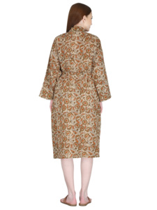Robe de nuit pour femme 100 % coton, col en V, coupe trapèze, manches longues, imprimé floral artisanal écologique, avec ceinture à nouer - Product Image 3