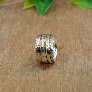 Bague rotative anti-anxiété, bague statement, bague rotative en argent sterling 925 massif avec bande rotative en cuivre et laiton - Product Image 3