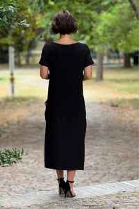 <b>Embroidered</b> Black Cotton Dress V Neck Boho <b>Tunic</b> Casual Spring Summer Handmade Dress For Women - Product Image 4