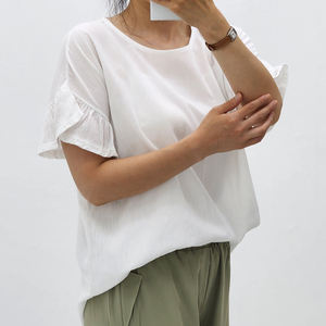 Blusa de Verano para Mujer, de Algodón Tejido, Cuello Redondo, con Mangas con Volantes, Estilo Dulce, Transpirable, Color Liso, Teñido, Venta al Por Mayor OEM - Product Image 6