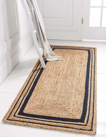 Tapis rectangulaire en jute naturel tressé à la main de couleur beige avec bordure noire Tapis vintage