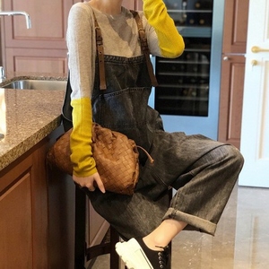 Queen and joy Malheamuhe tute morbide in Denim lavate con spalline in vera pelle rilassata tuta da ragazzo Vintage - Product Image 3
