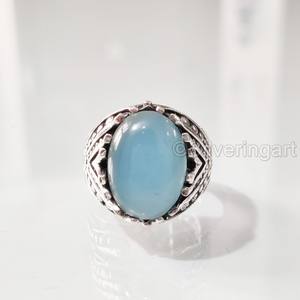 Anillo de Plata de Ley 925 con Calcedonia Azul Natural para Hombre, Todas las Tallas, Regalo de Boda Árabe, Joyería para San Valentín - Product Image 4