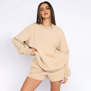 Womens Brown Solid Crew Neck Oversized <b>Sweatshirt</b> and Shorts Set <b>Long</b> Sleeve Casual Streetwear Activewear OEM ODM Wholesale - Product Image 6