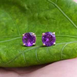 Natural Amethyst Stud Earrings 925 Sterling Silver 14K Gold Plated Cute February Birthstone Simple Everyday Jewelry Anniversary - Product Image 2