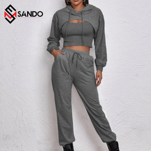 Ensemble pyjama 3 pièces, logo personnalisé, streetwear, sweat à capuche super court, pour femmes, collection 2020 - Product Image 5
