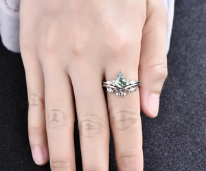 Anillo de Boda Moderno de Plata de Ley Vintage con Baño de Oro Rosa y Piedra de Ágata Musgosa con Corte de Cometa, Engaste de Puntas, Diseño de Alta Calidad de Fábrica - Product Image 5