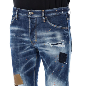 <strong>Patch</strong> Skinny Fit Men's Straight Washed High Street <strong>Designer</strong> Jeans with Paint Ripped Whiskers Tag - Product Image 3