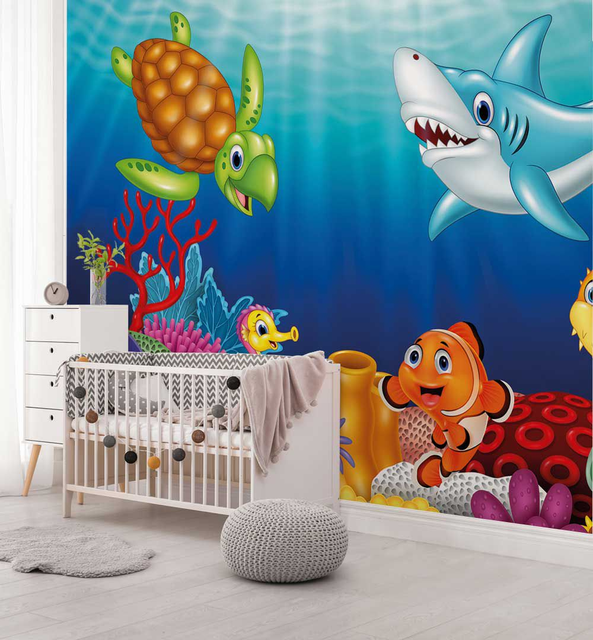 Customized Modern Paper Wall Stickers Peel Stick Installation Marine Animal Wallpaper for Living Room Sofa & Children's Bedroom