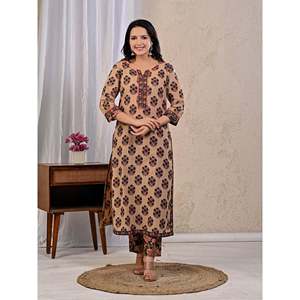 Butta <b>Block</b> <b>Printed</b> Cotton Kurta Pant Set Mulmul Dupatta Beige Black Ethnic Wear for Parties Daily Use Indian Made Viscose Net - Product Image 4