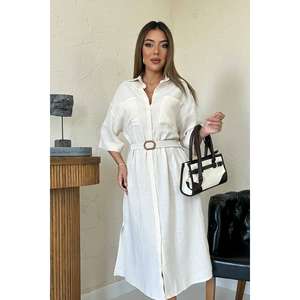 Robe beige ceinturée respirante à taille naturelle pour la vente en gros - Product Image 2
