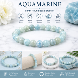 Pulsera de Cuentas Redondas de Aguamarina Natural de 8mm para la Calma, el Coraje y el Equilibrio Emocional - Piedra Preciosa Cargada con Reiki - Product Image 2