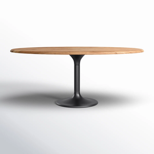 Table de salle à manger moderne de style bistrot, café, restaurant, cuisine, avec base en fonte industrielle de forme ovale, plateau en bois d'acacia, finition naturelle et noire - Product Image 3