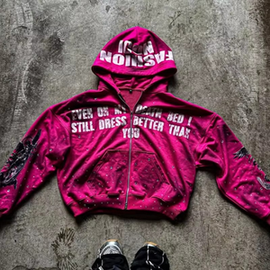 500 GSM Boxy Fit <b>Cropped</b> French Terry Black Drop Shoulder Full <b>Zip</b> <b>up</b> Screen Print Letter Crystal Rhinestone Heavyweight <b>Hoodie</b> - Product Image 2