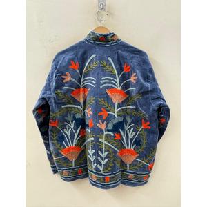 Autumn/Winter <b>Reversible</b> Quilted Suzani Embroidered Velvet <b>Jacket</b> in Indigo Blue Size XL with Custom Logo for Cozy Days - Product Image 1