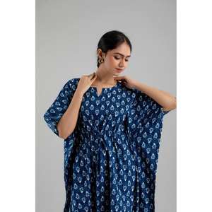 Kaftan de algodón puro con estampado floral azul Maxi Étnico, tamaño libre de la Dress-SHKUP1253 - Product Image 5