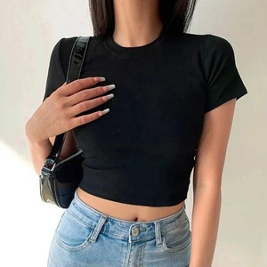 Adolescents Femmes Été Mode Basic Crop Tops All-Match Respirant À Manches Courtes T-shirts Casual Jersey Tees en Noir Blanc - Product Image 2