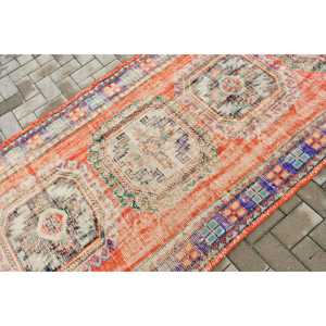 Vintage Turkish Rug 4x9.1 ft (121x276 cm), <b>Red</b> Bordered <b>Wool</b> Rug - Product Image 5