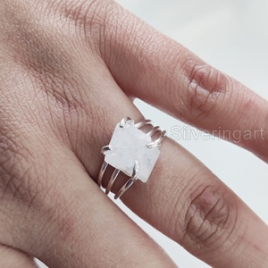 Raw Stone Jewelry Women's Ring Natural Rainbow Moonstone Gemstone June Birthstone 3 Plain Band Jewelry 925 Sterling Silver Ring - Product Image 3