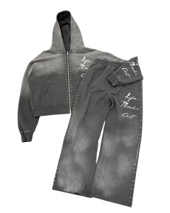 Conjunto de Sudadera con Capucha y Pantalones Cortos de Invierno Personalizado 100% Algodón con Pedrería, Lavado Ácido, Efecto Desgastado y Estampado Puff, Estilo Urbano con Cremallera - Product Image 5