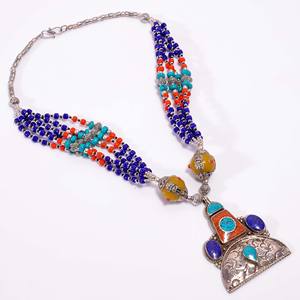 Collar Clásico Tibetano de Plata para Compromiso, Boda o Aniversario con Gemas de Coral y Turquesa - Product Image 3