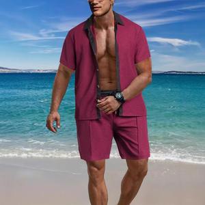 2025 été nouveaux hommes Europe et États-Unis décontracté gaufré chemise de vacances à manches courtes deux shorts ensemble - Product Image 1