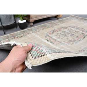 Tapis Turc Vintage Beige Vert 4.7 X 8.1ft Laine Faite à la Main Grande Surface Patchwork Design Couloir Rectangulaire Latex pour Décoration de Chambre - Product Image 3