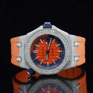 Montre mécanique sportive avec bracelet en caoutchouc orange 20 mm, boîtier en acier inoxydable couleur or rose avec cristaux de diamant, analogique, étanche 50 bars - Product Image 5