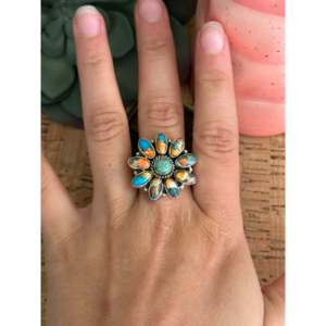 Bague ajustable en argent sterling multi-pierres faite à la main du sud-ouest, style bohème géométrique sertie clos - Product Image 2