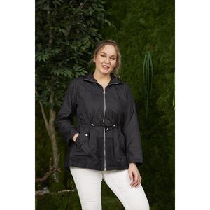 <b>Plus</b> <b>Size</b> <b>Black</b> <b>Trench</b> <b>Coat</b> with Mesh Details - Product Image 1