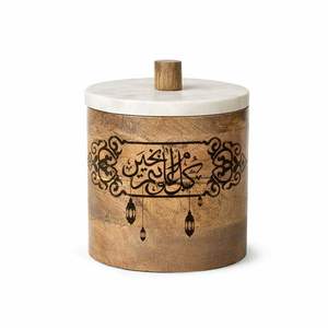 Pot de rangement en bois avec motif de croissant de lune et de mosquée, couvercle en marbre, boîte décorative pour la décoration de la maison islamique - Product Image 4