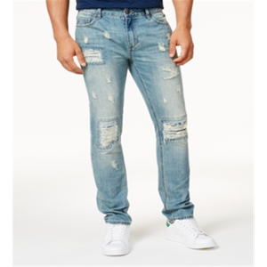 กางเกงยีนส์ผู้ชาย American Rag รุ่นวินเทจ สีน้ำเงินฟอกแบบ Distressed แต่งลายปะติดกลางตัวแบบ Stonewashed ทรงตรง ไซส์ 31x32 ผ้าเดนิมถักสำหรับฤดูหนาว - Product Image 4