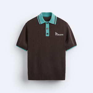 Top Premium personnalisé pull tricots Jacquard à manches courtes col rabattu tricoté printemps hommes t-polo 220GSM prix chaud - Product Image 6