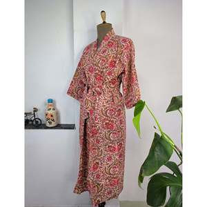 Pure Cotton Boho-Style <b>Kimono</b> Indian Handprinted Summer Dress with Peach Red Floral Print As <b>Beach</b> Cover Wear for Christmas - Product Image 5