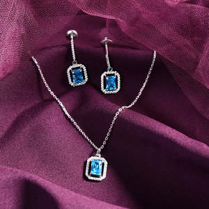 NOVAMART Fine Azul 925 Sterling <b>Silver</b> Pendant <b>Earring</b> <b>Chain</b> Set Emerald Cut Diamond Shape for Party Jewelry Wholesale Export - Product Image 1