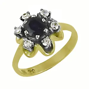 Anillo Floral Romántico para Mujer con Zafiro y Diamante, Chapado en Oro Amarillo y Rodio, Joyería Fina, Elegante Tecnología de Engaste - Product Image 1