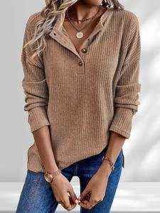 T-shirt décontracté en jersey tricoté à manches longues avec col polo, couleur unie simple, nouvelle mode d'automne, respirant - Product Image 6