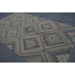 Alfombra turca Kilim 6,2X10,9 pies Azul Beige Tejido plano Lana hecha a mano Jacquard Felpa Pila Altura Rectángulo Pasillo Estampado Látex - Product Image 4