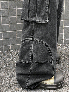 กางเกงยีนส์ขาตรงของผู้ชาย, กางเกงยีนส์ขาตรงมีกระเป๋าขนาดใหญ่สไตล์ฮิปฮอปสไตล์สตรีทกางเกงยีนส์ลำลองระบายอากาศได้สีดำ - Product Image 3