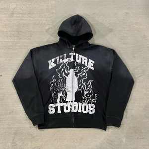 OEM Custom <b>Cotton</b> Print Men's Winter Tracksuit <b>Raw</b> Hem Edge Hoodie with for Puff Print Pant Stacked Flared Jogger Two-Piece Set - Product Image 6