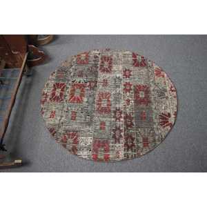 Tapis turc, tapis vintage 3,7x3,7 pieds, tapis en laine rayé rouge - Product Image 1